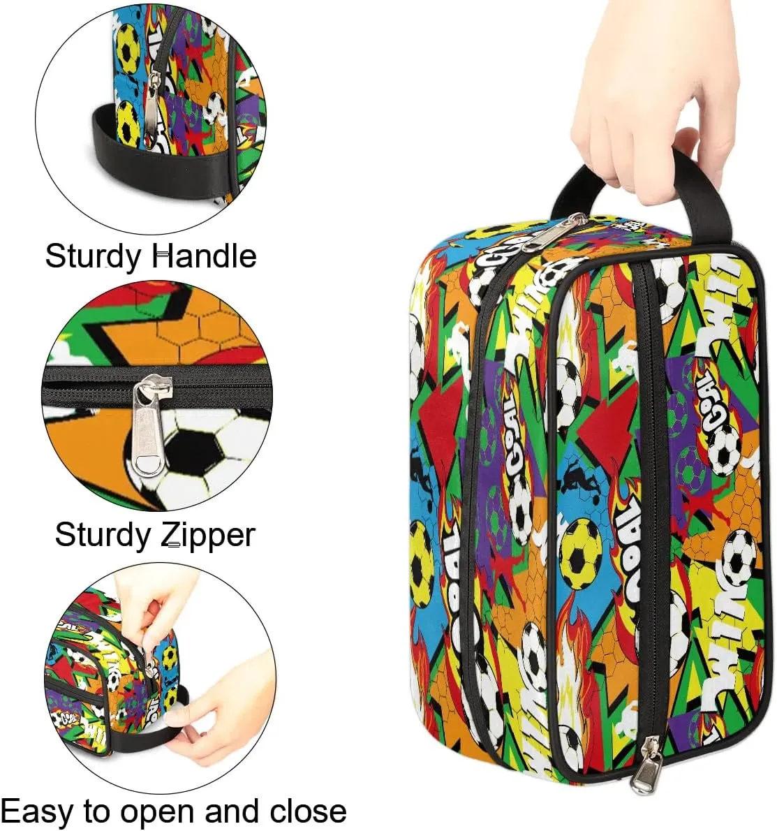 Kids Travel Toiletry Bag for Boys, Waterproof Hanging Dopp Kit Soccer Goal Wash Bag with Large Capacity for Travel, Sports, Shower
