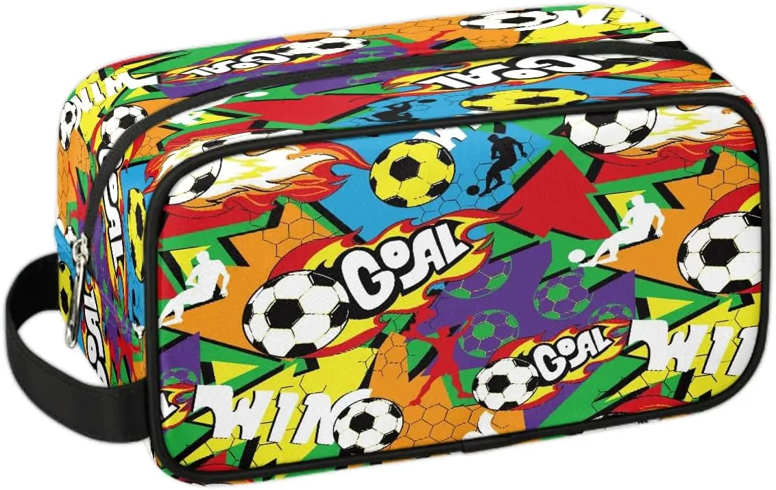 Kids Travel Toiletry Bag for Boys, Waterproof Hanging Dopp Kit Soccer Goal Wash Bag with Large Capacity for Travel, Sports, Shower