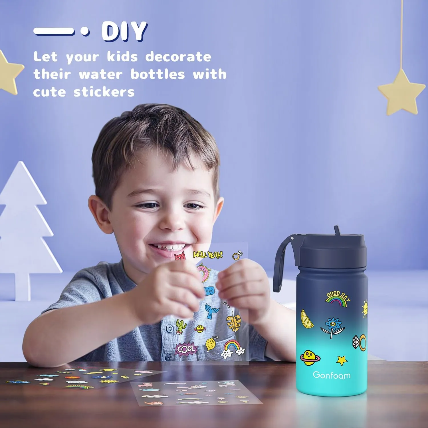Kids Water Bottle, 12oz Water Bottles Kids with Straw and Stickers, Stainless Steel Vacuum Double Wall Insulated cup, Kids Water Bottle for School, Gifts for Boys(Navy blue)