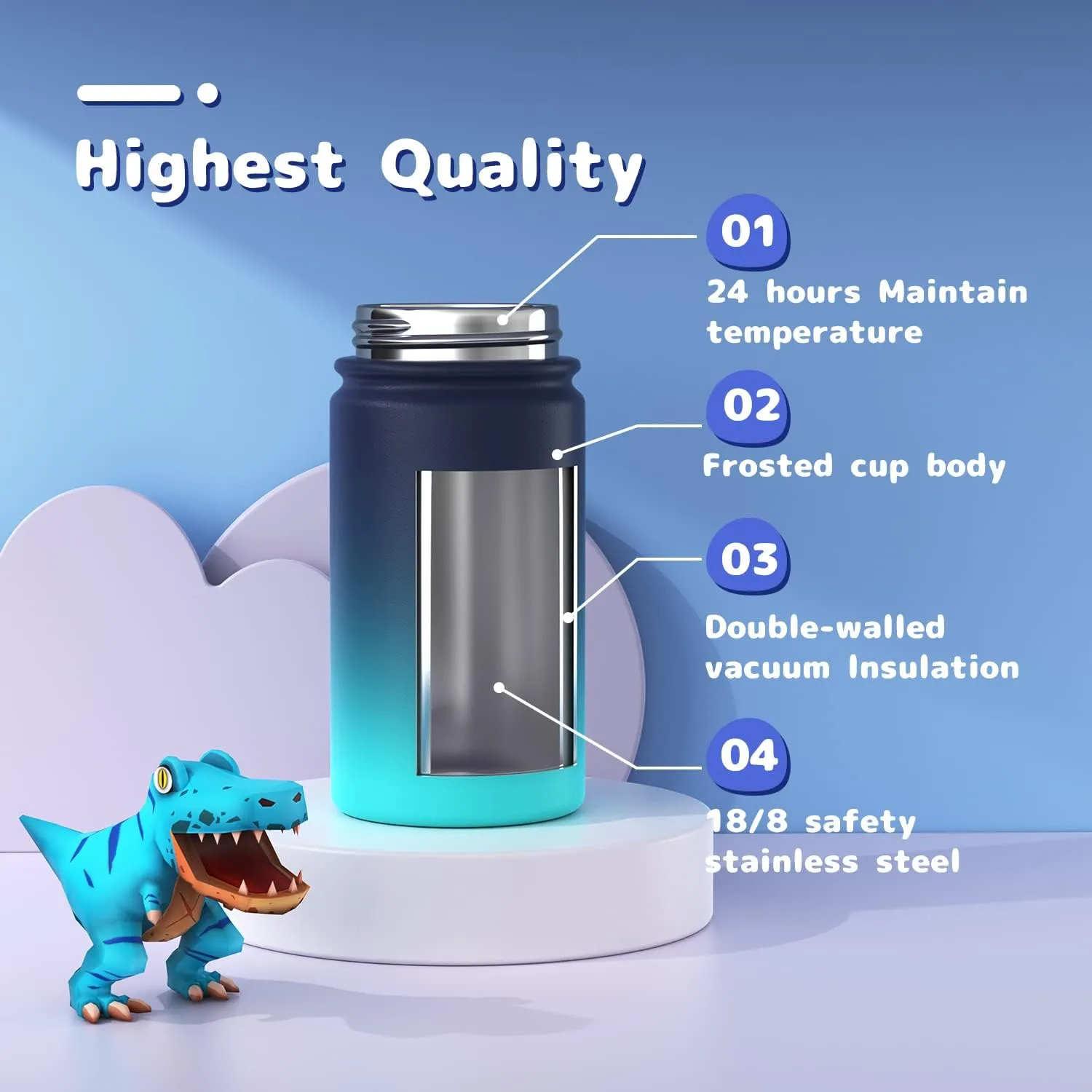 Kids Water Bottle, 12oz Water Bottles Kids with Straw and Stickers, Stainless Steel Vacuum Double Wall Insulated cup, Kids Water Bottle for School, Gifts for Boys(Navy blue)