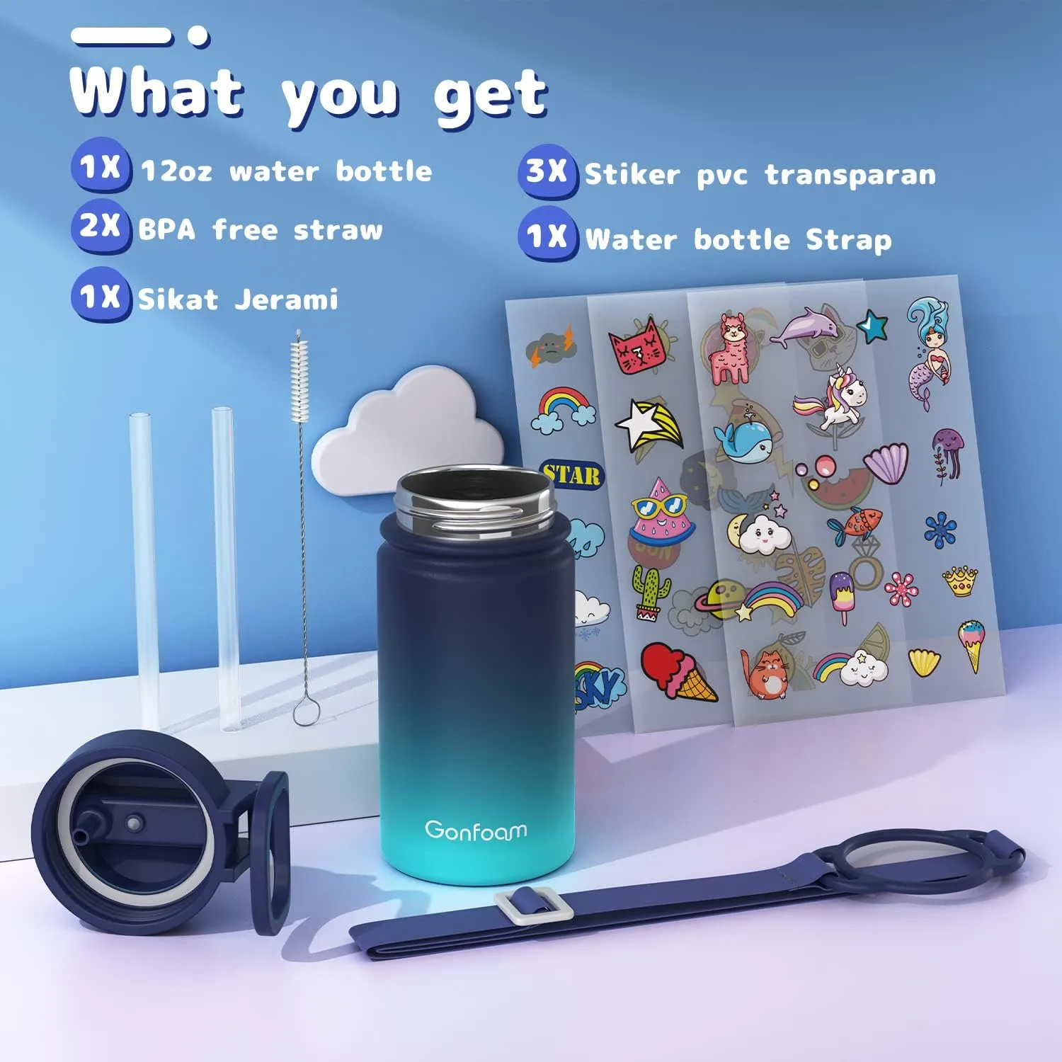 Kids Water Bottle, 12oz Water Bottles Kids with Straw and Stickers, Stainless Steel Vacuum Double Wall Insulated cup, Kids Water Bottle for School, Gifts for Boys(Navy blue)