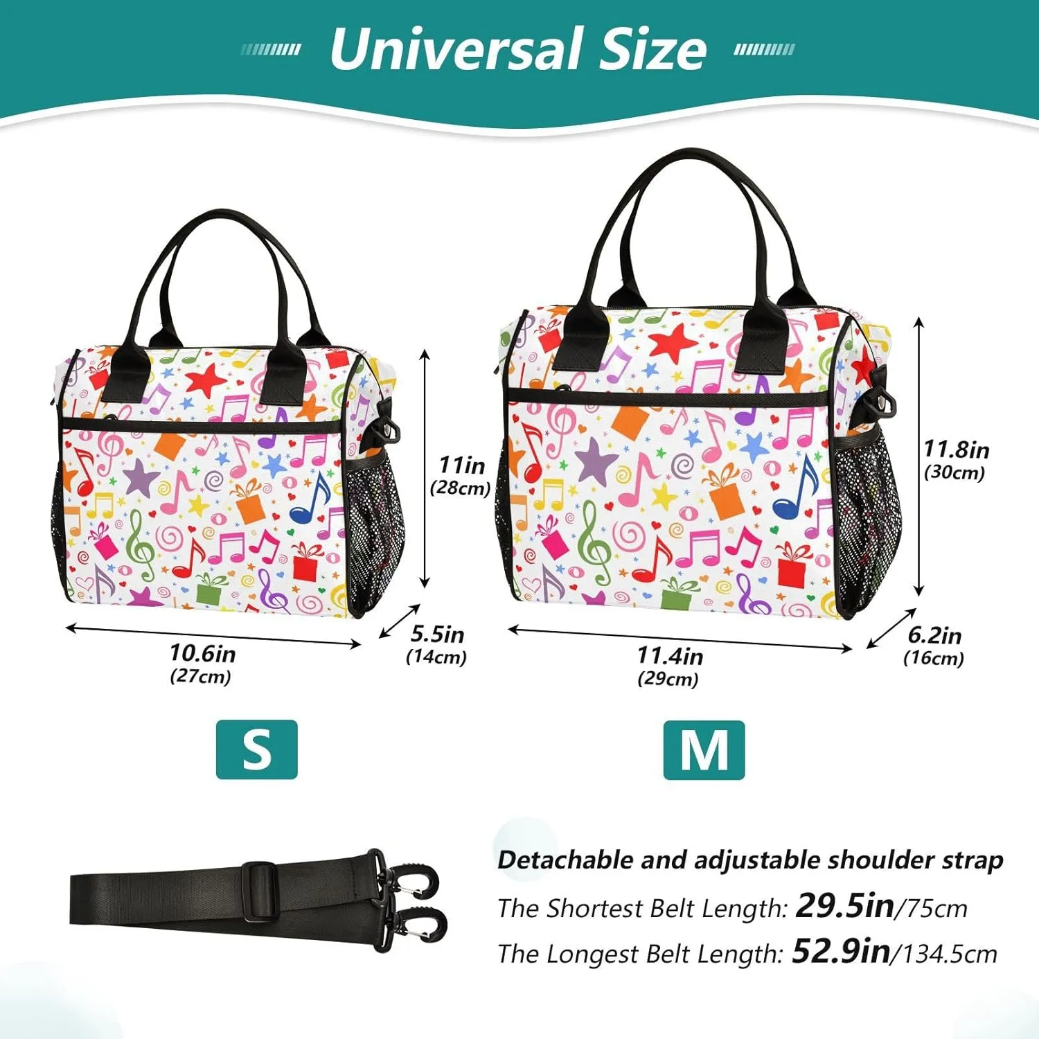 Kigai Insulated Lunch Bag for Women Men, Large Music Motes Colorful Cooler Bag Reusable Lunch Box Leakproof Cooler Tote with Shoulder Strap for Office Picnic Beach