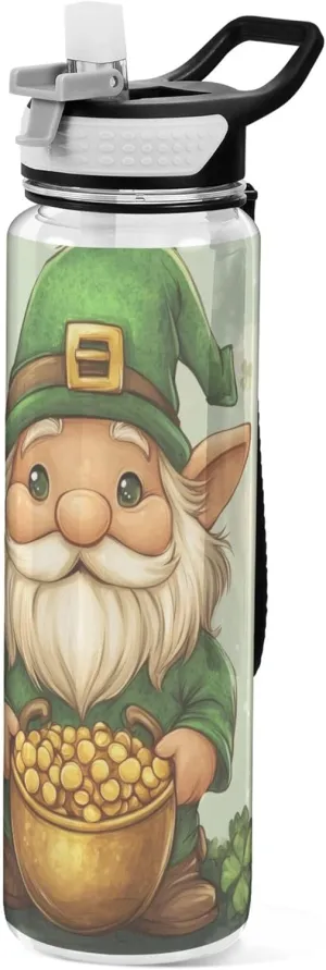 Kigai Transparent Sports Water Bottle 32oz, 2_43st. Patrick Gnomes Leakproof Wide Mouth Water Bottle with Straw, BPA Free Water Jug with Detachable Strap & Handle for Fitness Gym Outdoor