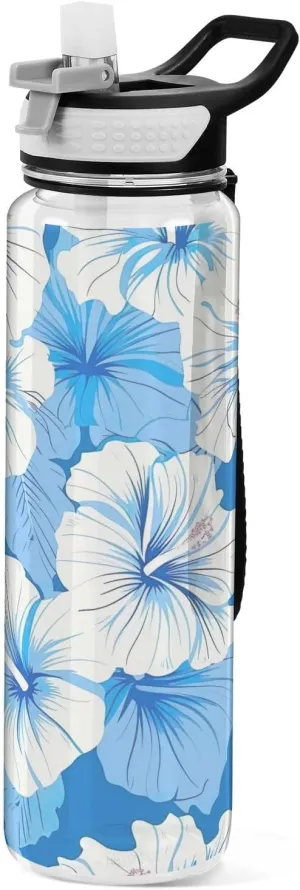 Kigai Transparent Sports Water Bottle 32oz, Blue White Hibiscus Flowers Leakproof Wide Mouth Water Bottle with Straw, BPA Free Water Jug with Detachable Strap & Handle for Fitness Gym Outdoor