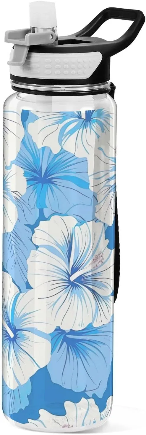 Kigai Transparent Sports Water Bottle 32oz, Blue White Hibiscus Flowers Leakproof Wide Mouth Water Bottle with Straw, BPA Free Water Jug with Detachable Strap & Handle for Fitness Gym Outdoor