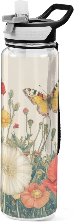 Kigai Transparent Sports Water Bottle 32oz, Flowers Twigs Butterfly Leakproof Wide Mouth Water Bottle with Straw, BPA Free Water Jug with Detachable Strap & Handle for Fitness Gym Outdoor