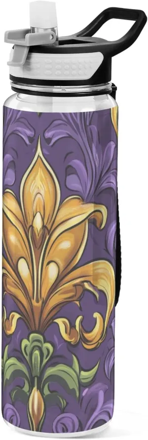 Kigai Transparent Sports Water Bottle 32oz, Mardi Gras Fleur-de-lis Leakproof Wide Mouth Water Bottle with Straw, BPA Free Water Jug with Detachable Strap & Handle for Fitness Gym Outdoor