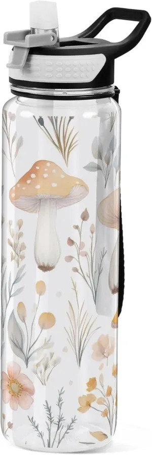 Kigai Transparent Sports Water Bottle 32oz, Mushroom Flowers Leakproof Wide Mouth Water Bottle with Straw, BPA Free Water Jug with Detachable Strap & Handle for Fitness Gym Outdoor