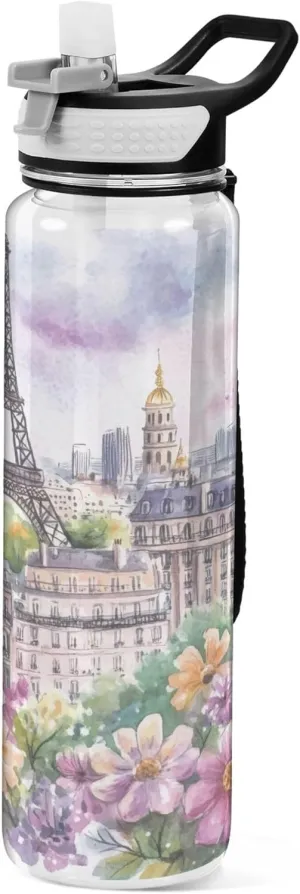 Kigai Transparent Sports Water Bottle 32oz, Paris Tower Flowers Painting Leakproof Wide Mouth Water Bottle with Straw, BPA Free Water Jug with Detachable Strap & Handle for Fitness Gym Outdoor