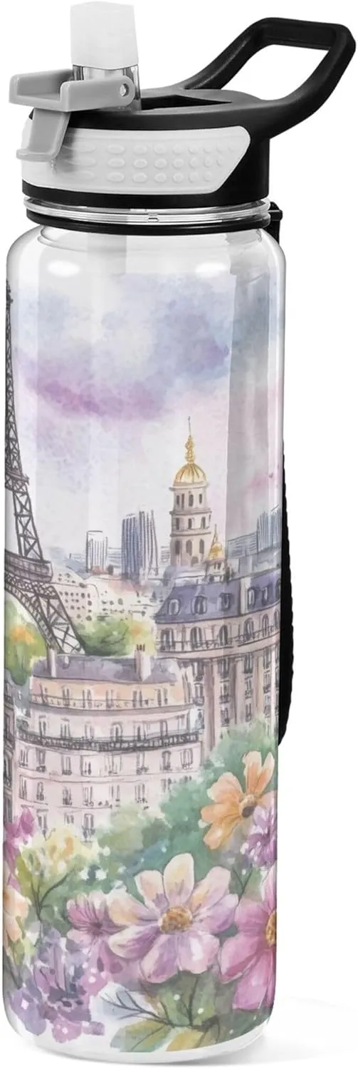 Kigai Transparent Sports Water Bottle 32oz, Paris Tower Flowers Painting Leakproof Wide Mouth Water Bottle with Straw, BPA Free Water Jug with Detachable Strap & Handle for Fitness Gym Outdoor