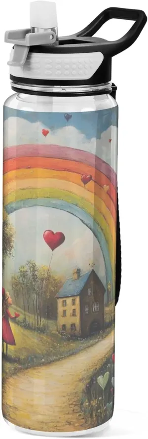 Kigai Transparent Sports Water Bottle 32oz, Rainbow Heart Painting Leakproof Wide Mouth Water Bottle with Straw, BPA Free Water Jug with Detachable Strap & Handle for Fitness Gym Outdoor