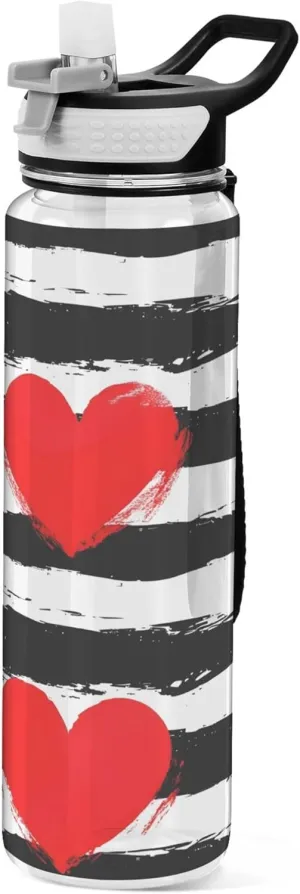 Kigai Transparent Sports Water Bottle 32oz, Red Hearts on Stripes Leakproof Wide Mouth Water Bottle with Straw, BPA Free Water Jug with Detachable Strap & Handle for Fitness Gym Outdoor