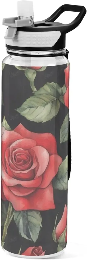 Kigai Transparent Sports Water Bottle 32oz, Roses45 Leakproof Wide Mouth Water Bottle with Straw, BPA Free Water Jug with Detachable Strap & Handle for Fitness Gym Outdoor
