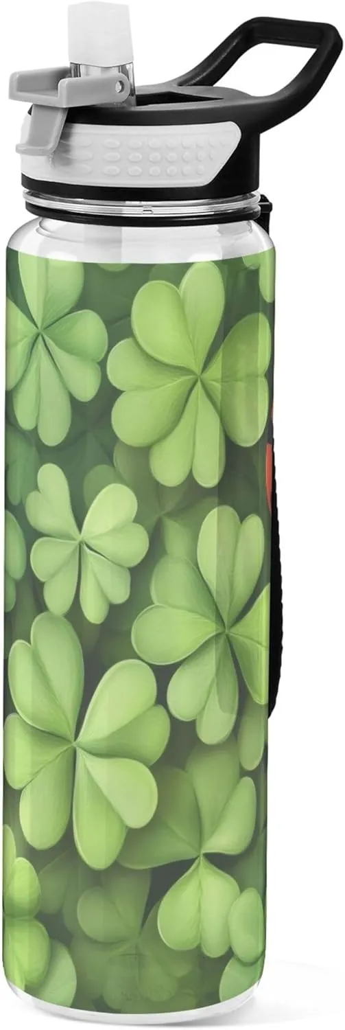 Kigai Transparent Sports Water Bottle 32oz, St. Patrick Clover Leakproof Wide Mouth Water Bottle with Straw, BPA Free Water Jug with Detachable Strap & Handle for Fitness Gym Outdoor