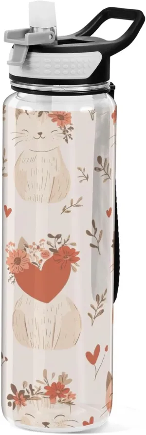Kigai Transparent Sports Water Bottle 32oz, Valentine Cats Leakproof Wide Mouth Water Bottle with Straw, BPA Free Water Jug with Detachable Strap & Handle for Fitness Gym Outdoor