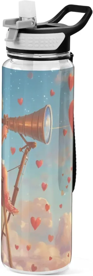 Kigai Transparent Sports Water Bottle 32oz, Valentine Cupid in Cloud Leakproof Wide Mouth Water Bottle with Straw, BPA Free Water Jug with Detachable Strap & Handle for Fitness Gym Outdoor