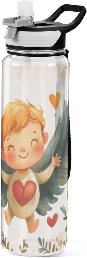 Kigai Transparent Sports Water Bottle 32oz, Valentine Cute Cupid Leakproof Wide Mouth Water Bottle with Straw, BPA Free Water Jug with Detachable Strap & Handle for Fitness Gym Outdoor
