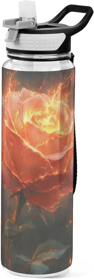 Kigai Transparent Sports Water Bottle 32oz, Valentine Firing Rose Leakproof Wide Mouth Water Bottle with Straw, BPA Free Water Jug with Detachable Strap & Handle for Fitness Gym Outdoor
