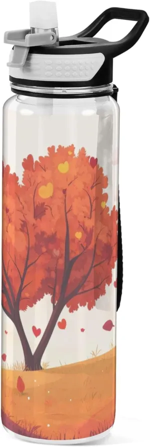 Kigai Transparent Sports Water Bottle 32oz, Valentine Heart Tree Leakproof Wide Mouth Water Bottle with Straw, BPA Free Water Jug with Detachable Strap & Handle for Fitness Gym Outdoor