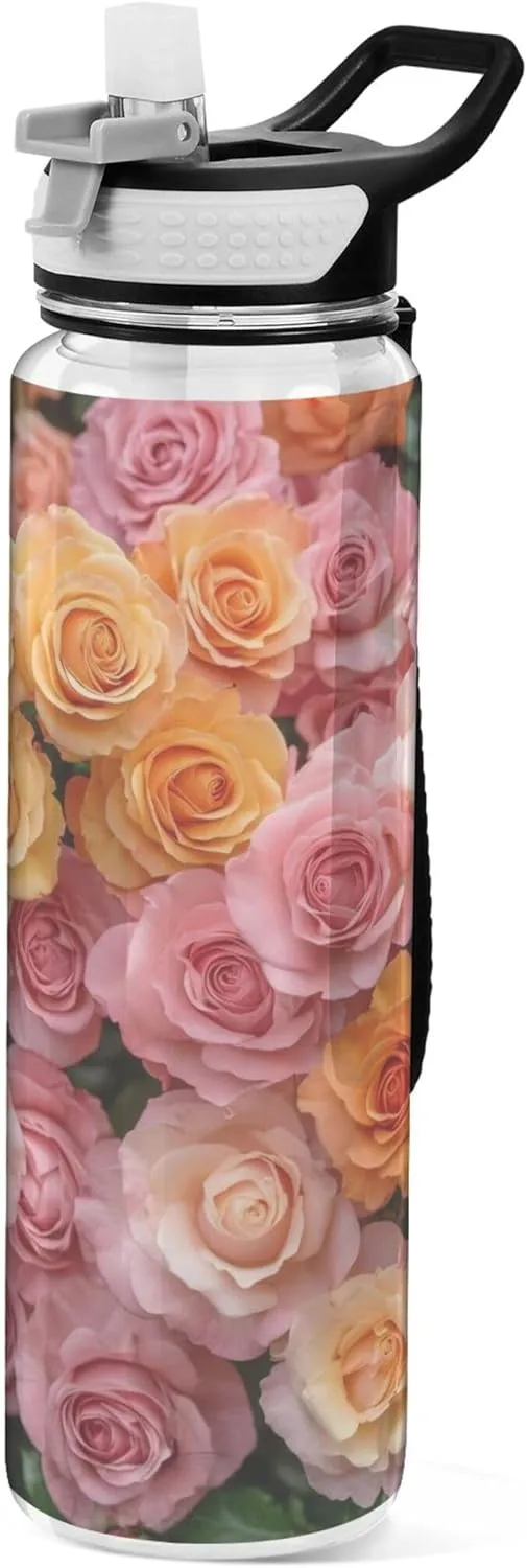 Kigai Transparent Sports Water Bottle 32oz, Valentine Roses Leakproof Wide Mouth Water Bottle with Straw, BPA Free Water Jug with Detachable Strap & Handle for Fitness Gym Outdoor