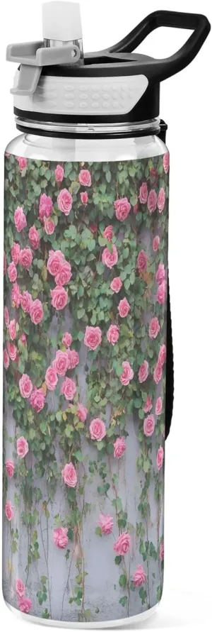 Kigai Transparent Sports Water Bottle 32oz, Wall Of Pink Roses Leakproof Wide Mouth Water Bottle with Straw, BPA Free Water Jug with Detachable Strap & Handle for Fitness Gym Outdoor