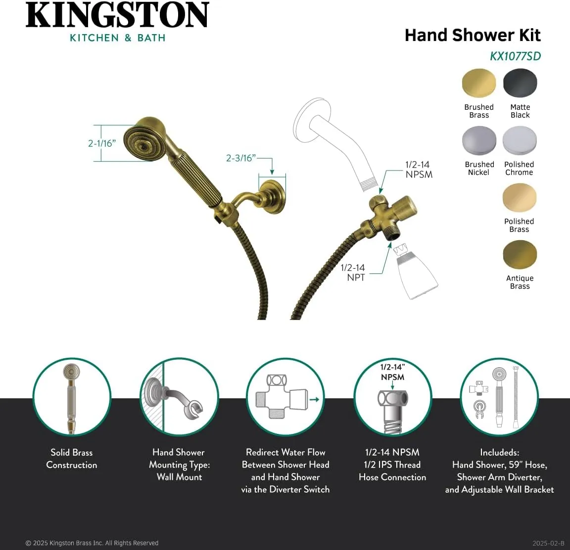 Kingston Brass KX1077SD Vintage Hand Shower Kit, Brushed Brass