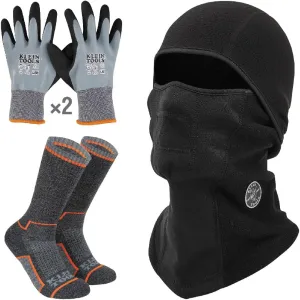 Klein Tools 80103 Balaclava Winter Kit with Fleece Balaclava, (2) Thermal Dipped Winter Gloves, Performance Thermal Socks, Large, 4-Piece