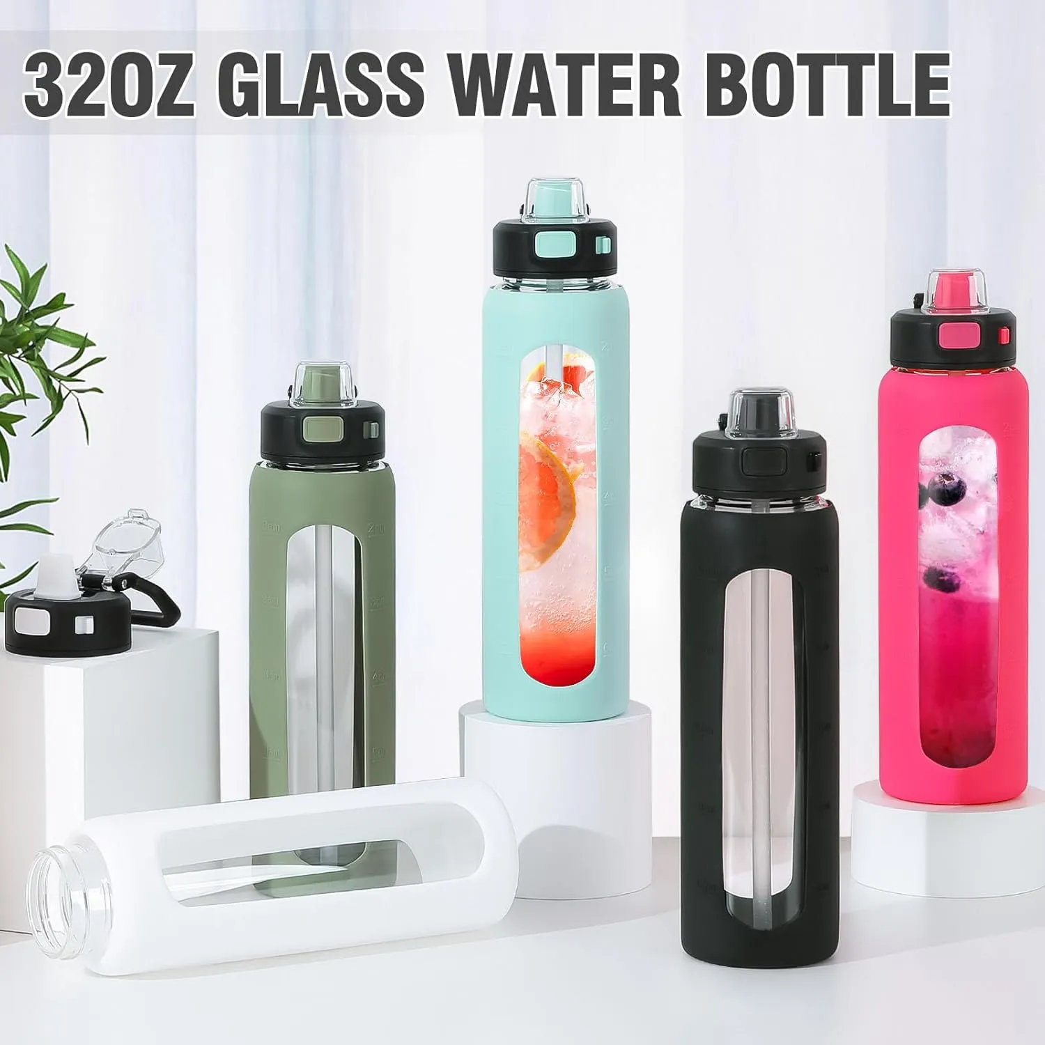 Kodrine 32 oz Glass Water Bottle with Straw and Carry Loop, One-Touch Leakproof Locking Lid, Reusable Drinking Bottle with Time Marker for Travel Home Gym Sports (Black)