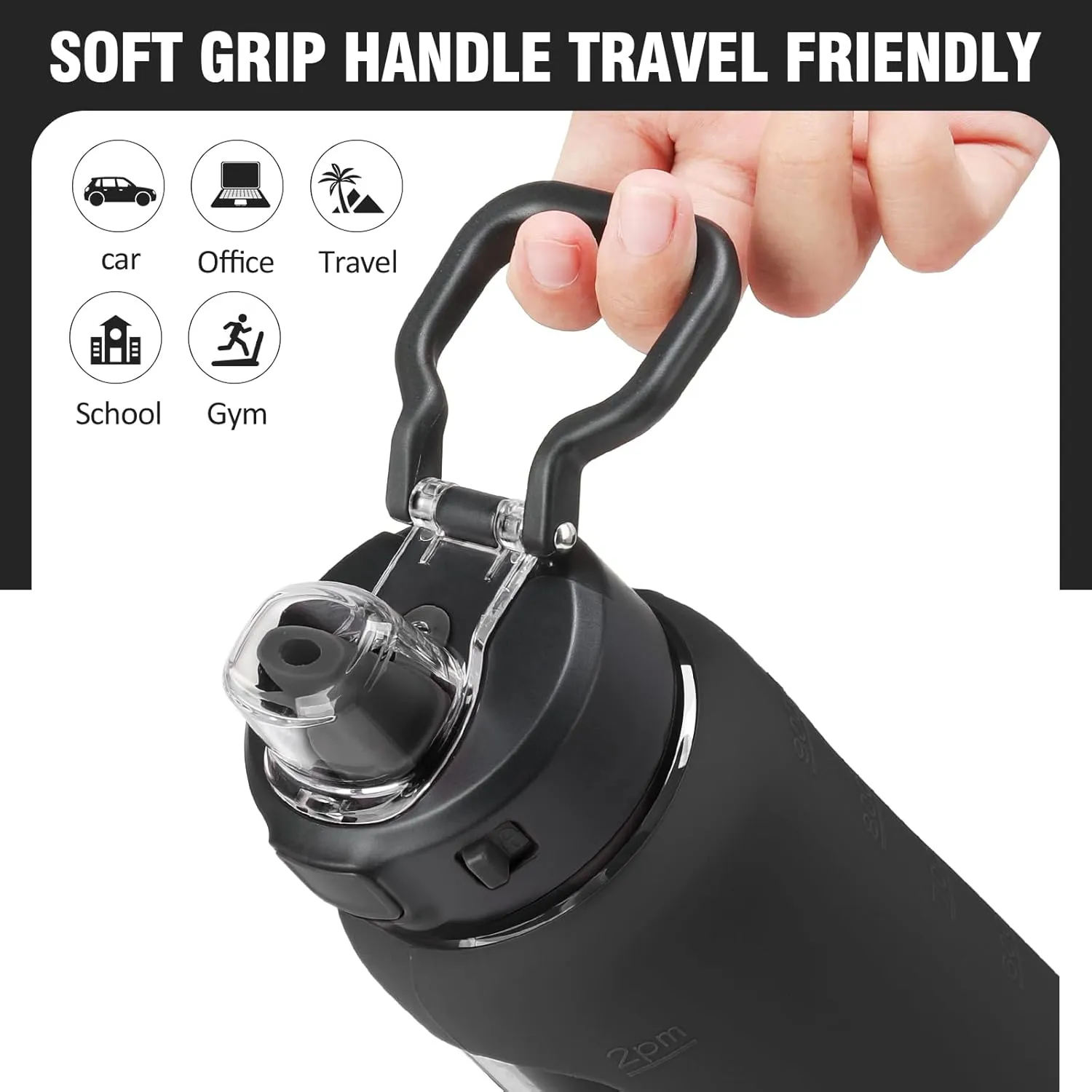 Kodrine 32 oz Glass Water Bottle with Straw and Carry Loop, One-Touch Leakproof Locking Lid, Reusable Drinking Bottle with Time Marker for Travel Home Gym Sports (Black)