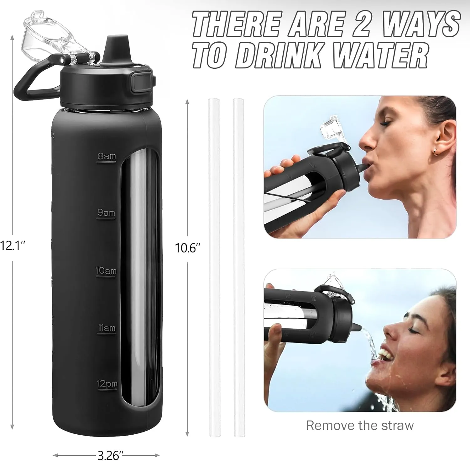 Kodrine 32 oz Glass Water Bottle with Straw and Carry Loop, One-Touch Leakproof Locking Lid, Reusable Drinking Bottle with Time Marker for Travel Home Gym Sports (Black)