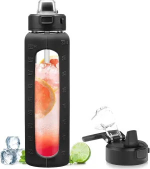 Kodrine 32 oz Glass Water Bottle with Straw and Carry Loop, One-Touch Leakproof Locking Lid, Reusable Drinking Bottle with Time Marker for Travel Home Gym Sports (Black)