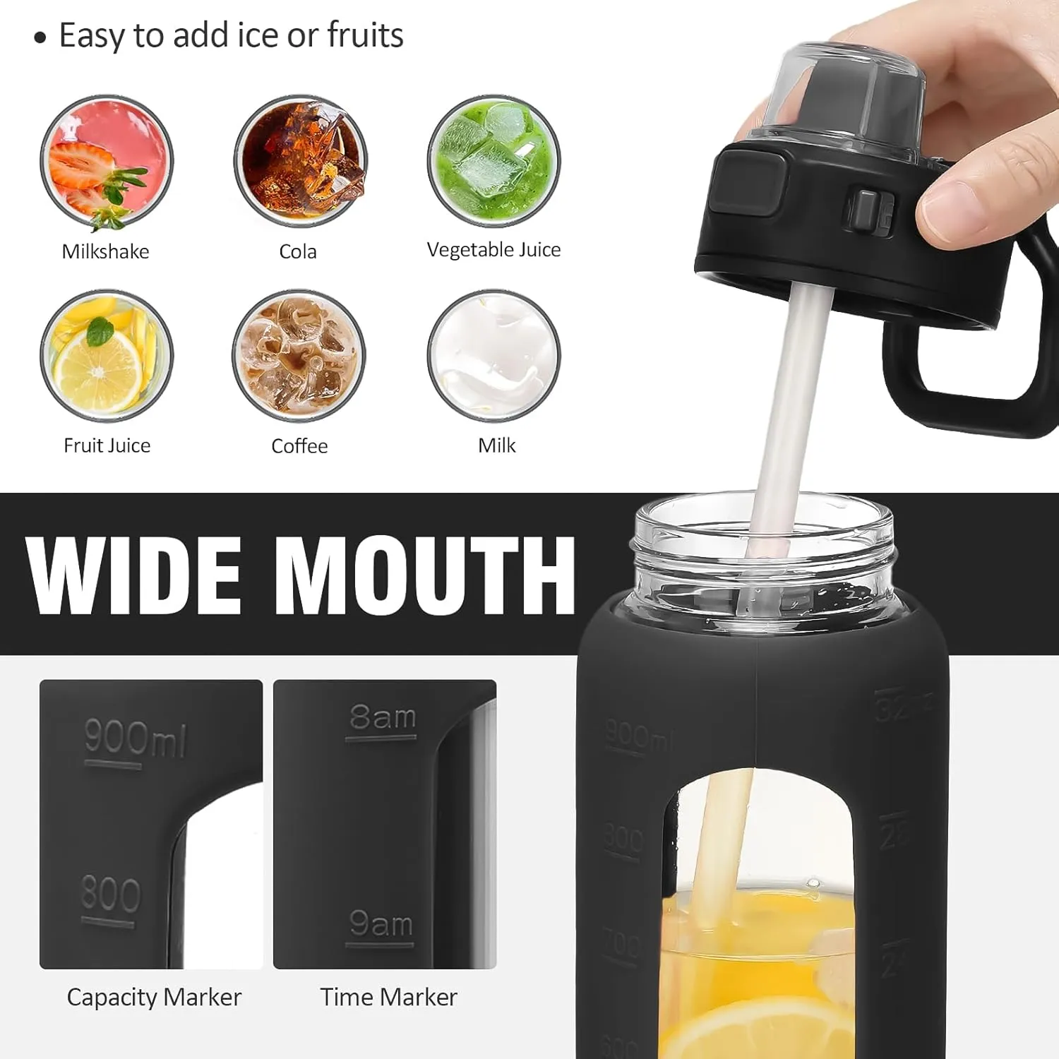 Kodrine 32 oz Glass Water Bottle with Straw and Carry Loop, One-Touch Leakproof Locking Lid, Reusable Drinking Bottle with Time Marker for Travel Home Gym Sports (Black)