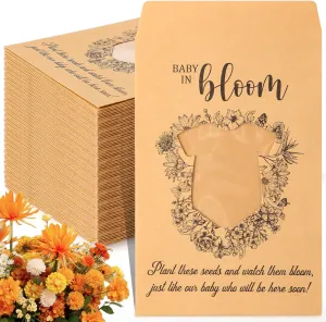 Kolldenn 100 Pack Baby Shower Seed Packet Baby in Bloom Packet Kraft Bags with Baby Shirt Type Window Envelopes Resealable Organizer Storage Bag for Gender Reveal Party Favor