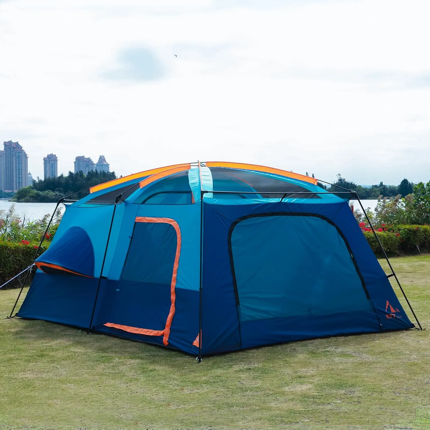 KTT Extra Large Tent 12 Person,2 Bay-Windows,Family Cabin Tents,14'Lx10'Wx6.58'H,2 Rooms and 3 Doors 3 Windows with Mesh,Waterproof,Straight Wall,Big Tent for Outdoor,Picnic,Camping,Gathering