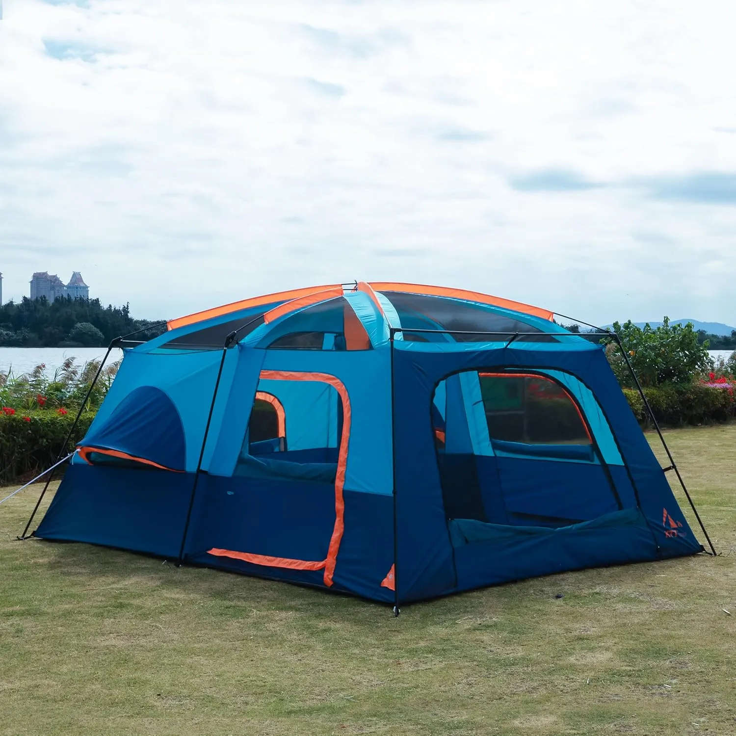 KTT Extra Large Tent 12 Person,2 Bay-Windows,Family Cabin Tents,14'Lx10'Wx6.58'H,2 Rooms and 3 Doors 3 Windows with Mesh,Waterproof,Straight Wall,Big Tent for Outdoor,Picnic,Camping,Gathering