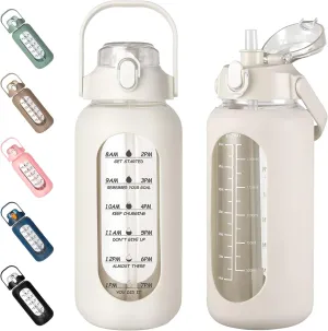 kytffu 64oz Glass Water Bottles with Straw, Half Gallon Motivational Glass Bottle with Silicone Sleeve and Time Marker, 2L Leakproof Large Glass Water Jug for Gym Home Office,White
