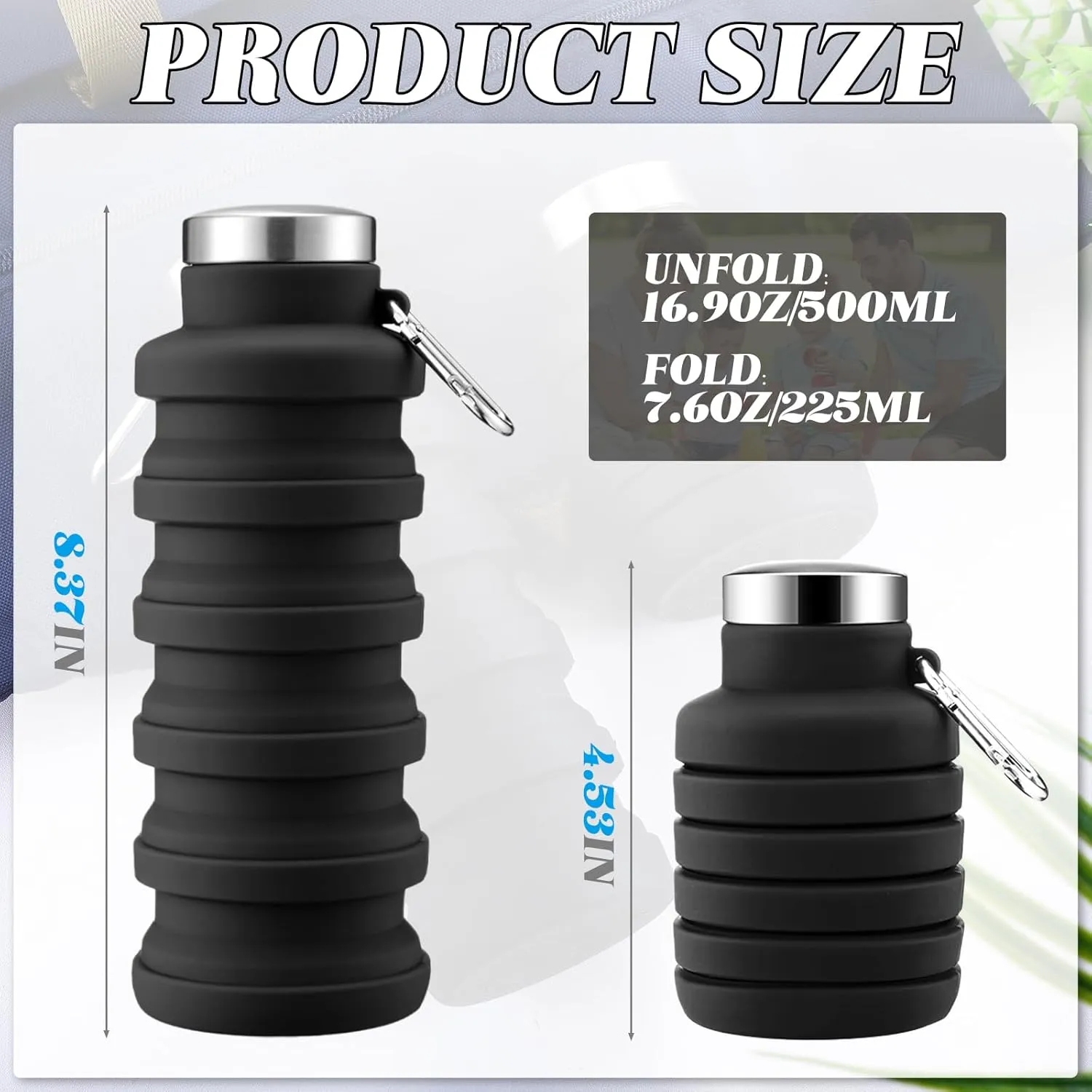 Lallisa 4 Pcs Collapsible Water Bottles 17 oz Reusable Silicone Foldable Travel Water Bottle Portable Leak Proof Sports Water Bottles for Gym Camping Hiking (Black)