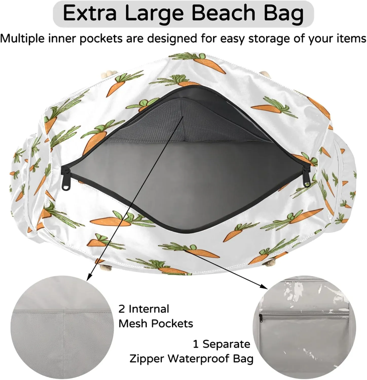 Large Beach Tote Bags with Zipper, Beach Bag for Women, Waterproof Sandproof Pool Swim Bags, Travel Tote Bag