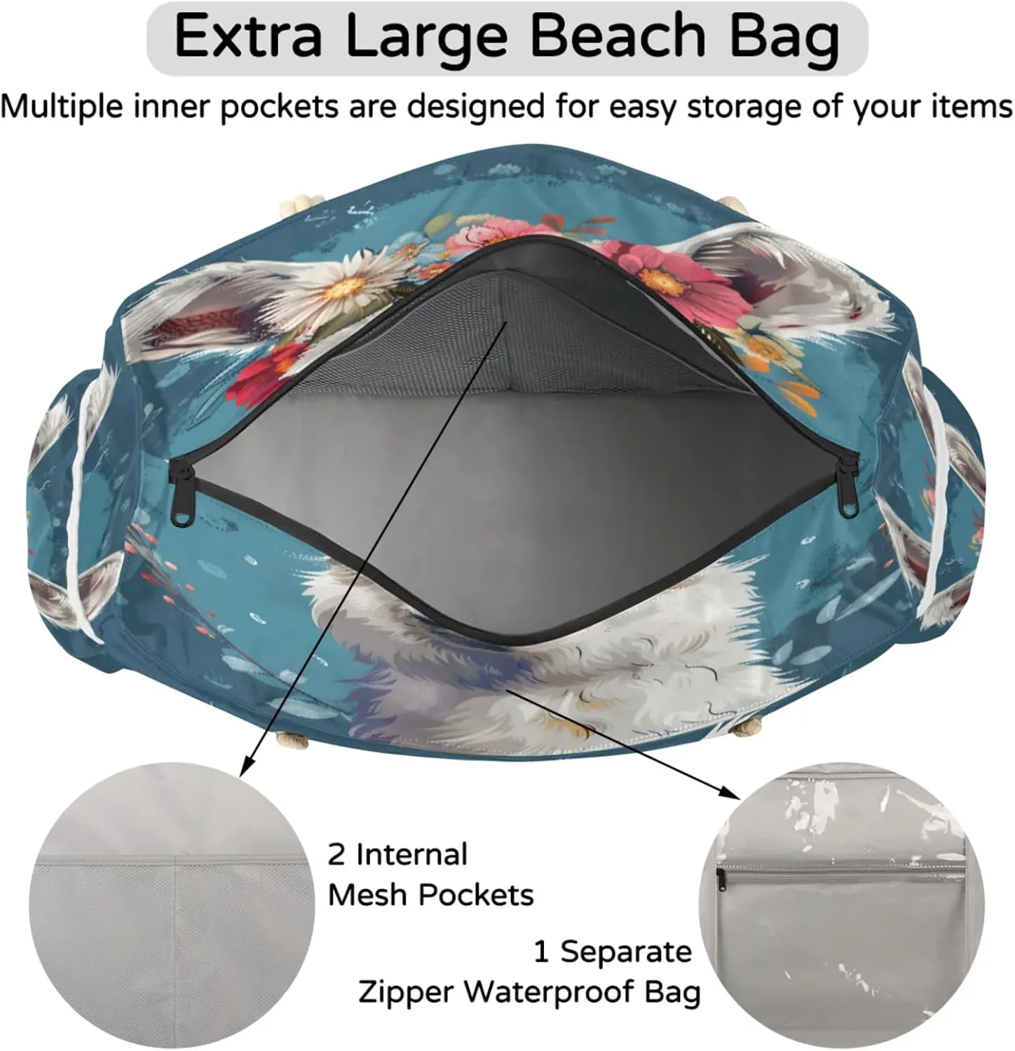 Large Beach Tote Bags with Zipper, Beach Bag for Women, Waterproof Sandproof Pool Swim Bags, Travel Tote Bag