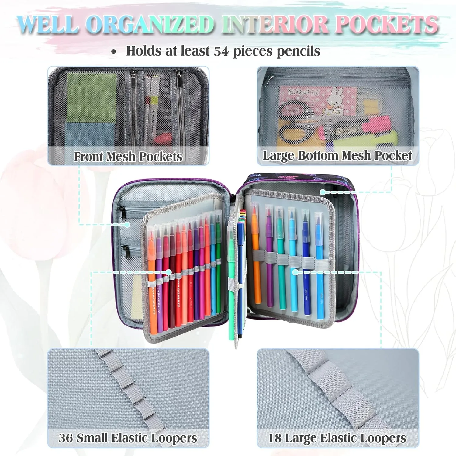 Large Pen Pencil Case,VONXURY High Capacity Art Colored Pencil Pouch Portable Stationery Organizer With 2 Detachable Layers 54 Slots Multiple Zipper Pockets for School Office College