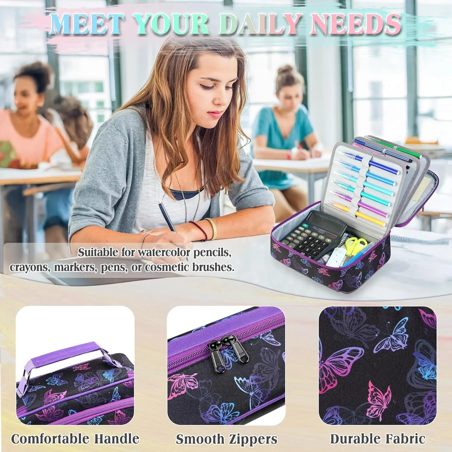 Large Pen Pencil Case,VONXURY High Capacity Art Colored Pencil Pouch Portable Stationery Organizer With 2 Detachable Layers 54 Slots Multiple Zipper Pockets for School Office College