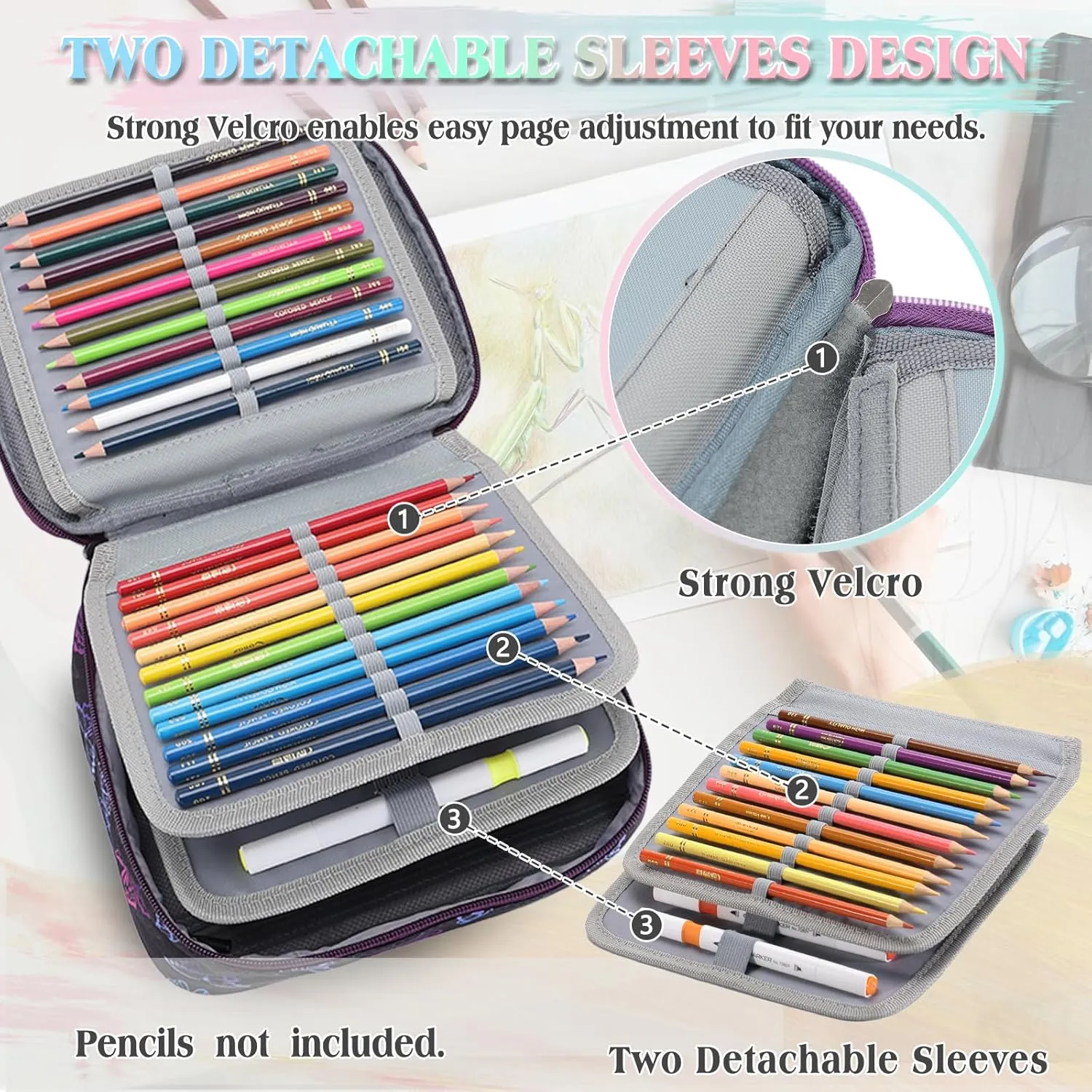 Large Pen Pencil Case,VONXURY High Capacity Art Colored Pencil Pouch Portable Stationery Organizer With 2 Detachable Layers 54 Slots Multiple Zipper Pockets for School Office College