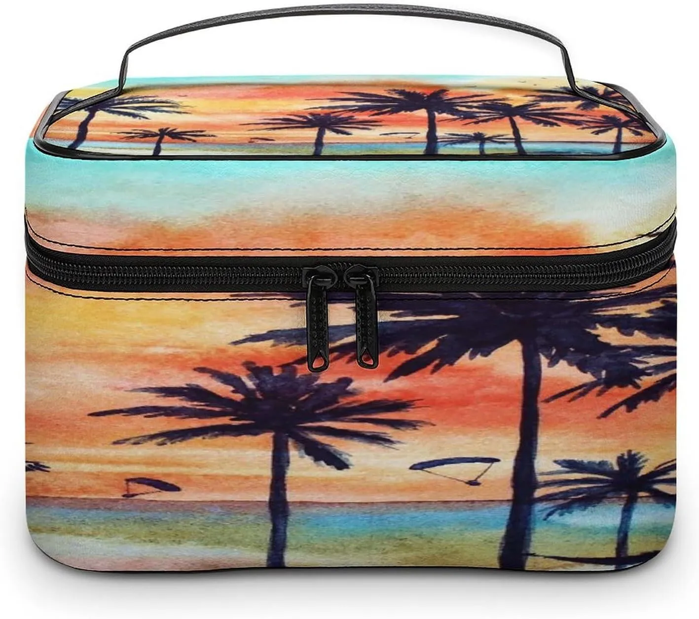 Large Women Wash Bag, Cosmetic Organizer Train Toiletry Storage Case Holder Zipper Makeup Bag Pouch 9.8x7.5x5.9 in Print Tropical Landscape with Palm Trees, Ocean, Orange Clouds at Sunset
