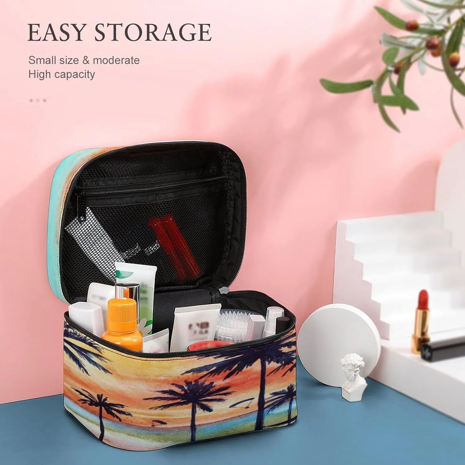 Large Women Wash Bag, Cosmetic Organizer Train Toiletry Storage Case Holder Zipper Makeup Bag Pouch 9.8x7.5x5.9 in Print Tropical Landscape with Palm Trees, Ocean, Orange Clouds at Sunset