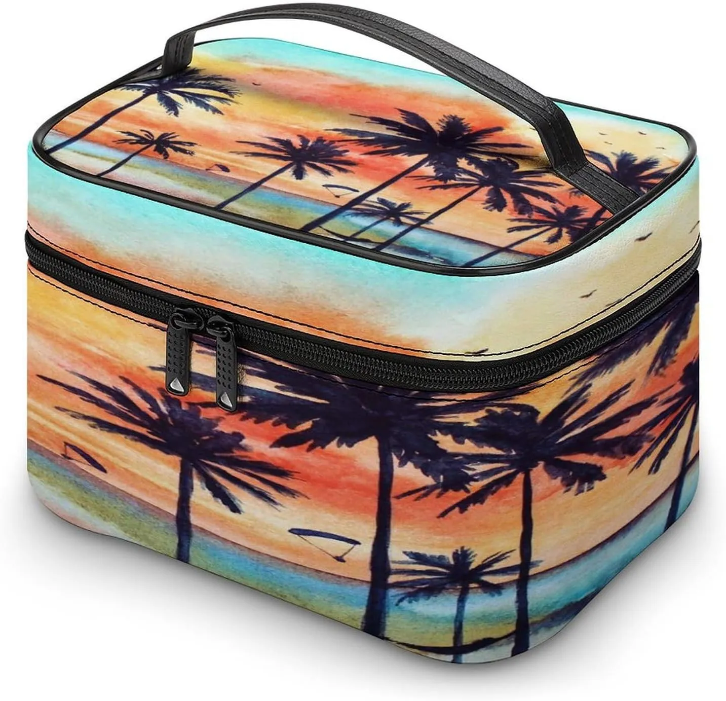 Large Women Wash Bag, Cosmetic Organizer Train Toiletry Storage Case Holder Zipper Makeup Bag Pouch 9.8x7.5x5.9 in Print Tropical Landscape with Palm Trees, Ocean, Orange Clouds at Sunset