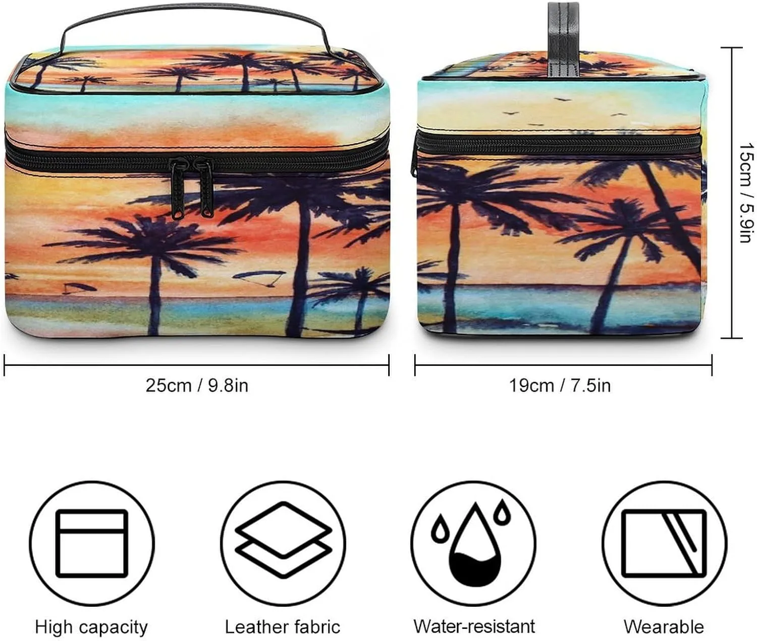 Large Women Wash Bag, Cosmetic Organizer Train Toiletry Storage Case Holder Zipper Makeup Bag Pouch 9.8x7.5x5.9 in Print Tropical Landscape with Palm Trees, Ocean, Orange Clouds at Sunset