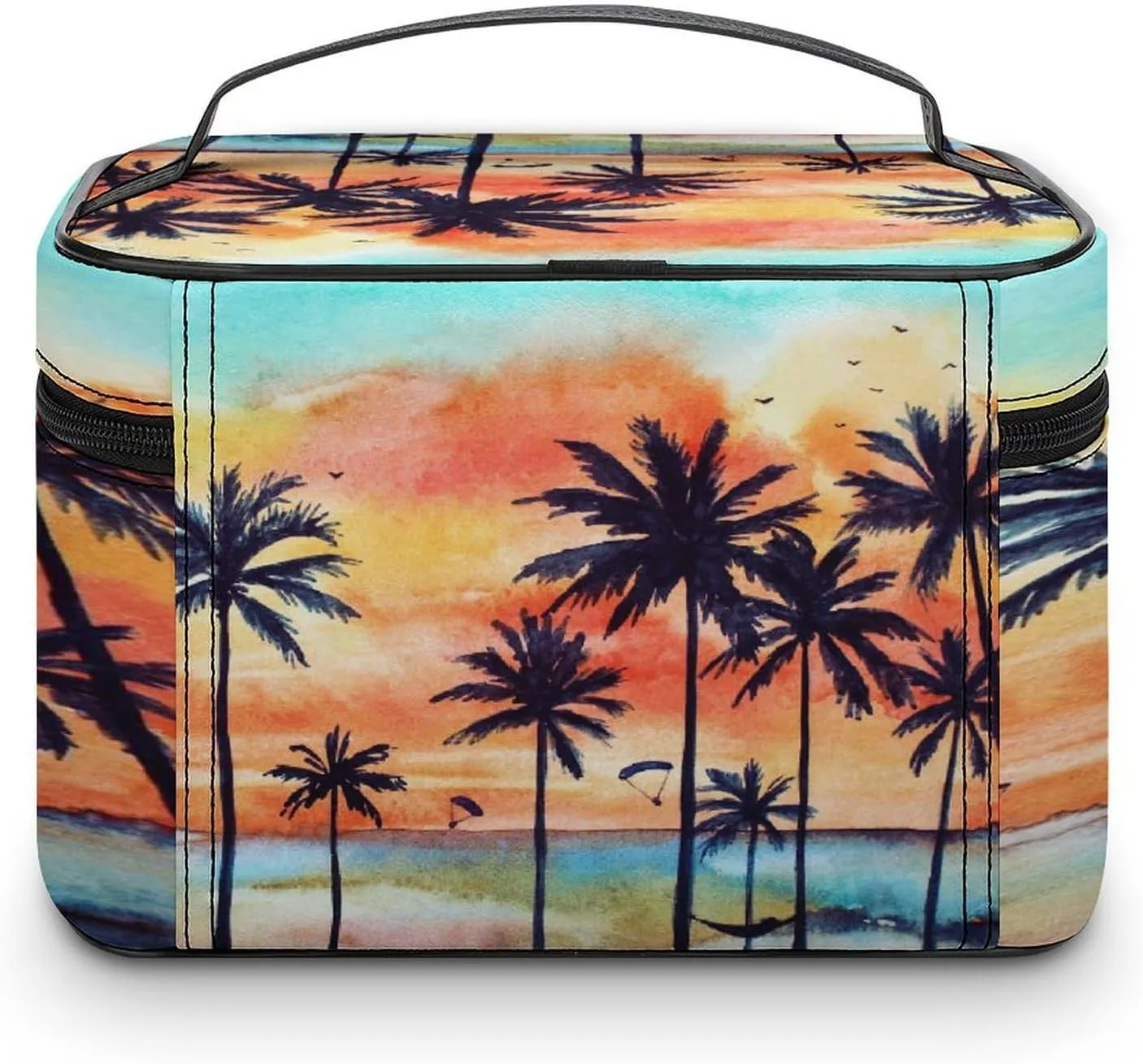 Large Women Wash Bag, Cosmetic Organizer Train Toiletry Storage Case Holder Zipper Makeup Bag Pouch 9.8x7.5x5.9 in Print Tropical Landscape with Palm Trees, Ocean, Orange Clouds at Sunset