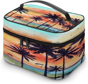 Large Women Wash Bag, Cosmetic Organizer Train Toiletry Storage Case Holder Zipper Makeup Bag Pouch 9.8x7.5x5.9 in Print Tropical Landscape with Palm Trees, Ocean, Orange Clouds at Sunset