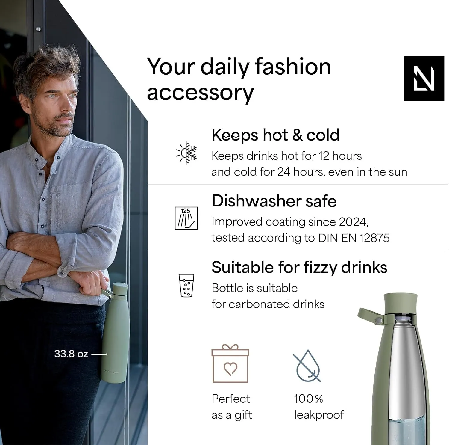 LARS NYSØM Stainless Steel Insulated Water Bottle 25oz 34oz | Insulated Thermo Flask for Hot and Cold Beverages | Leakproof Drinking Bottle (Sage Green, 25.4oz)