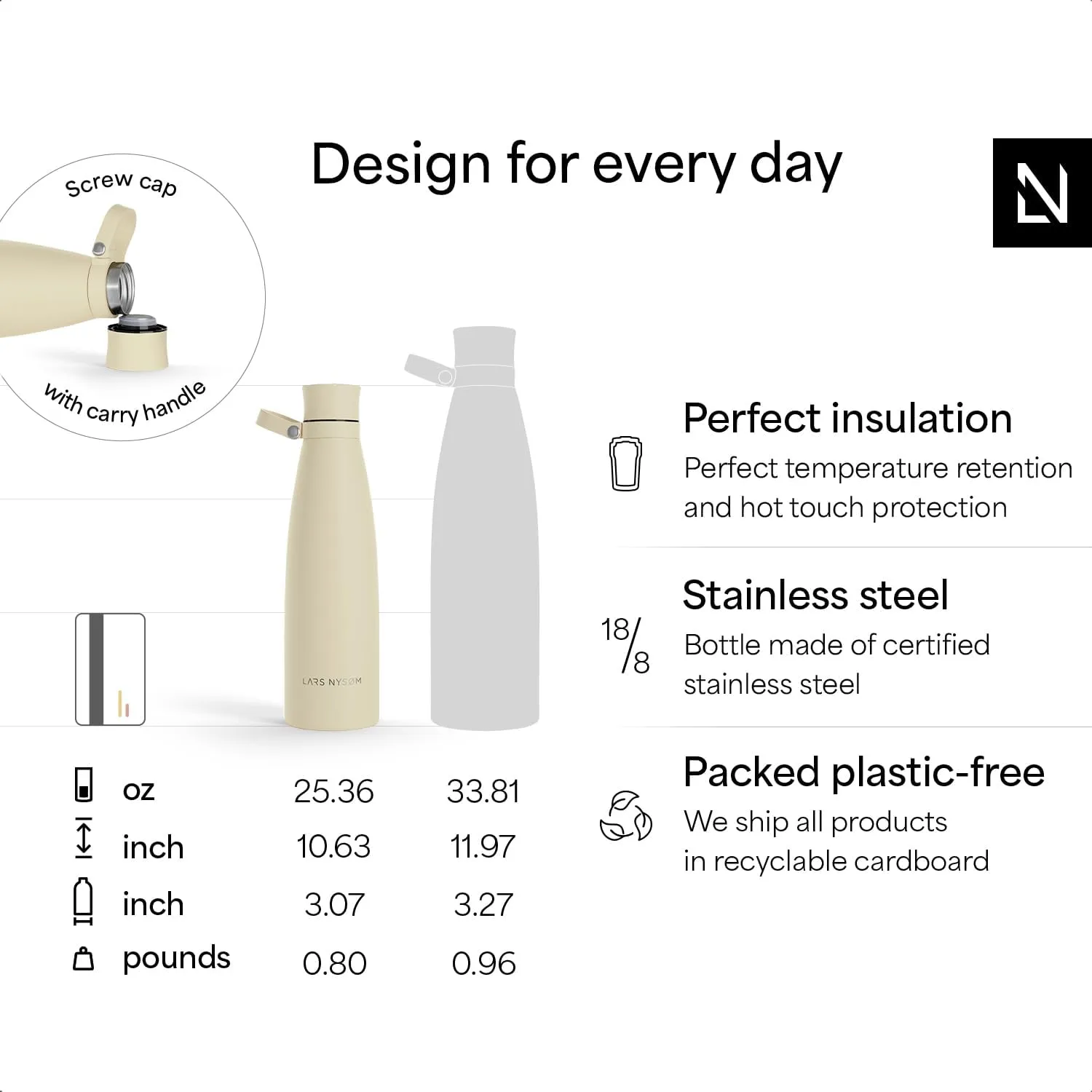 LARS NYSØM Stainless Steel Insulated Water Bottle 25oz 34oz | Insulated Thermo Flask for Hot and Cold Beverages | Leakproof Drinking Bottle (Sage Green, 25.4oz)